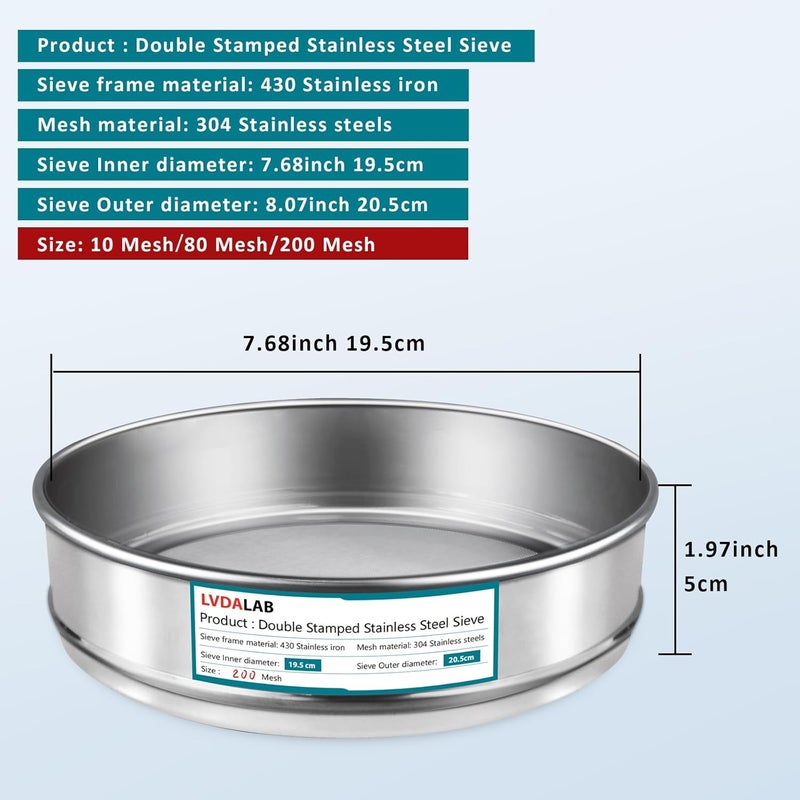 LVDALAB 3 Pack 304 Stainless Steel Mesh Lab Sieves, 200mesh 0.075mm, 80 Mesh 0.2mm, 10 Mesh 2mm Aperture Test Sieve,7.9in/20cm Dia Economy Test Sieve for Industrial Laboratory Homes - Image 2